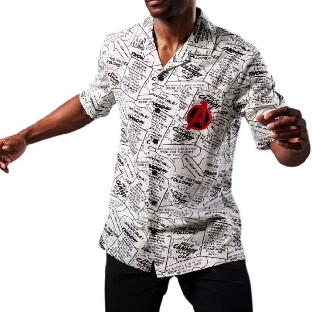 Marvel Avengers Comic Book Print Button Up Shirt Large White Black Red L NWOT